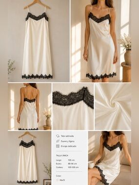 Massimo Dutti Cream Satin Slip with Black Lace Trim